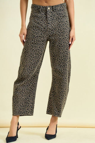 Greige Leopard Barrel Leg Jeans - Modern Creek Boutique