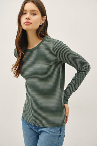 Hunter Green Striped Thermal Crew Neck Top - Modern Creek Boutique