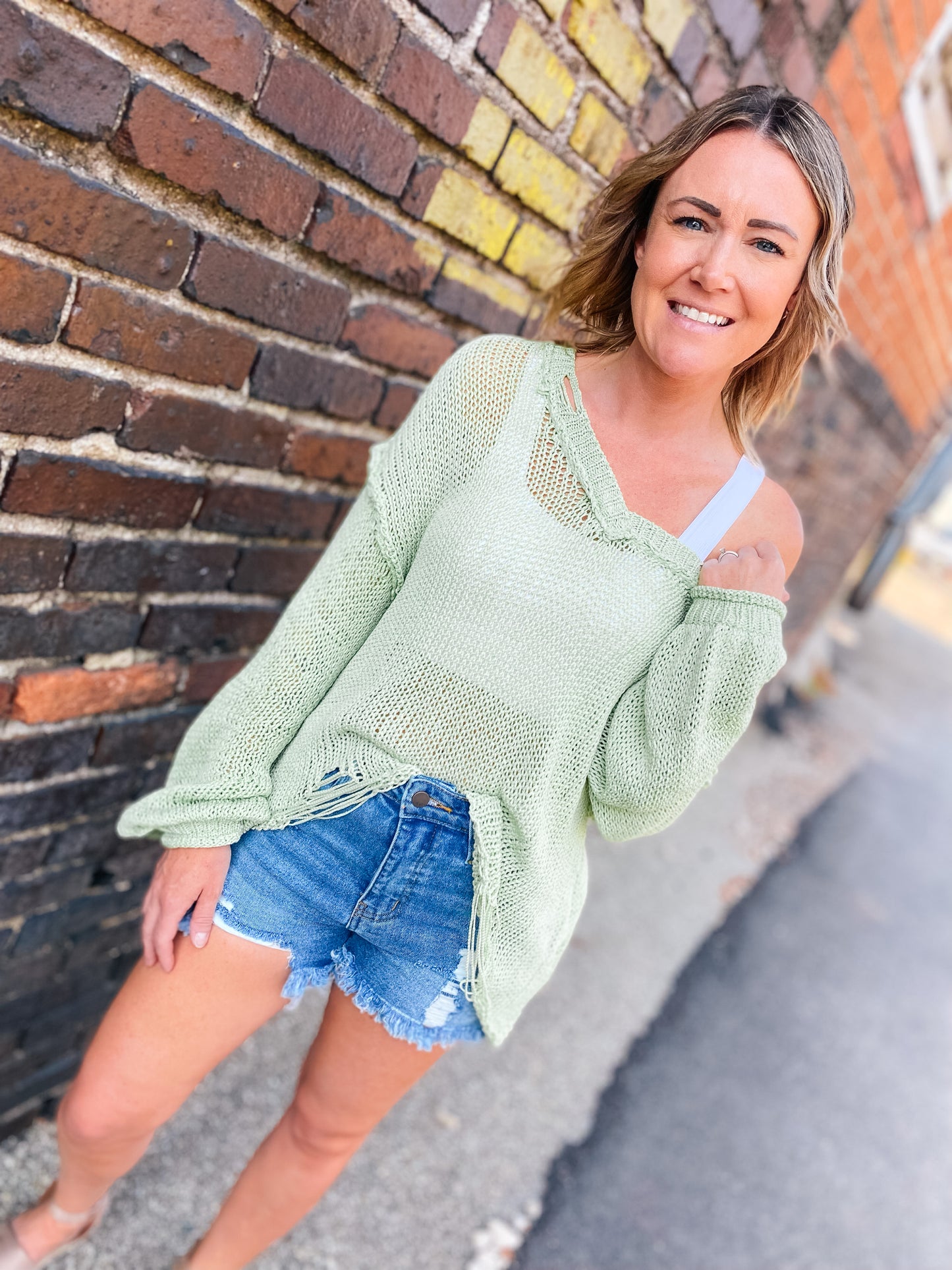 Vacay Vibes Lime Green Distressed Sweater