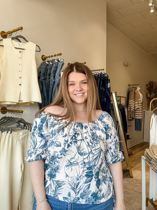 Ivory Blue Floral Tie Top - Modern Creek Boutique