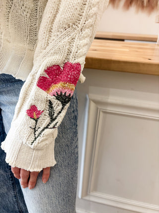 Ivory Embroidered Flower Chenille Sweater - Modern Creek Boutique