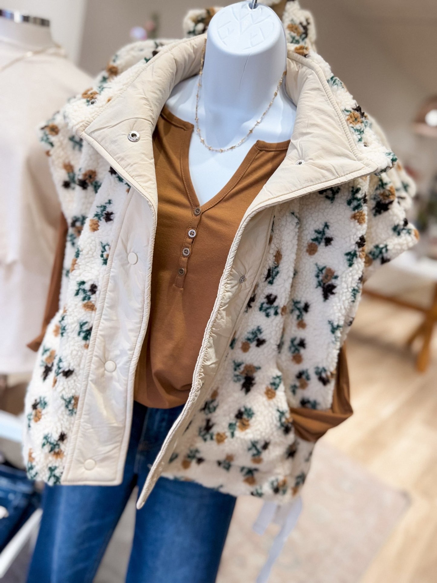 Ivory Floral Oversized Sherpa Vest - Modern Creek Boutique