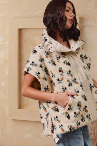 Ivory Floral Oversized Sherpa Vest - Modern Creek Boutique