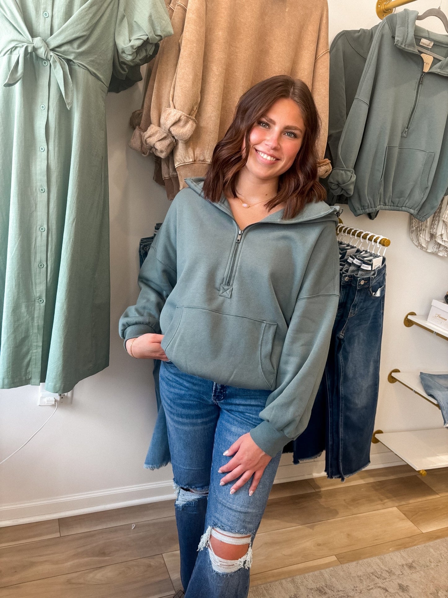 Jade Half Zip Pocketed Hoodie - Modern Creek Boutique