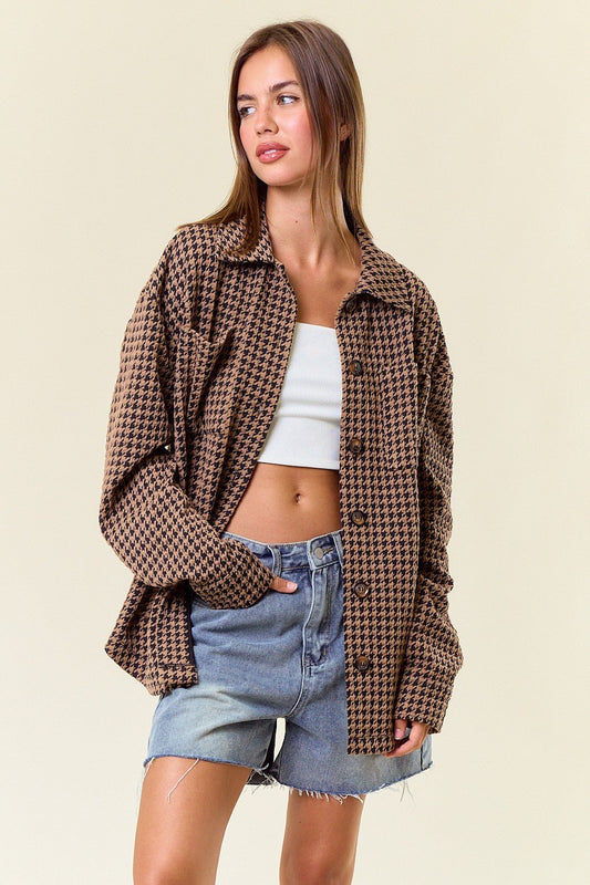 Latte Houndstooth Button Down Shacket - Modern Creek Boutique