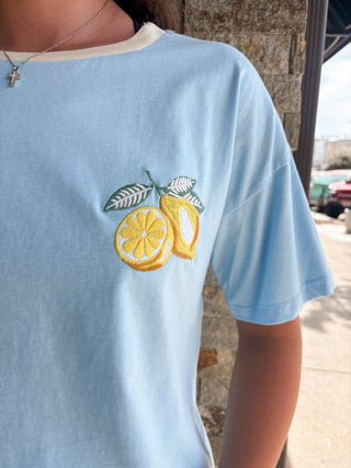 Lemon Embroidery Crew Neck Tee Shirt - Modern Creek Boutique