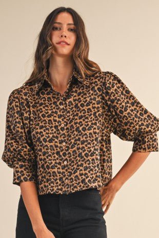 Leopard Print Satin 3/4 Sleeve Blouse - Modern Creek Boutique