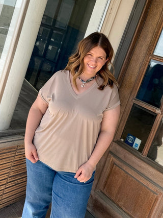 Light Khaki V Neck Jersey Tee - Modern Creek Boutique
