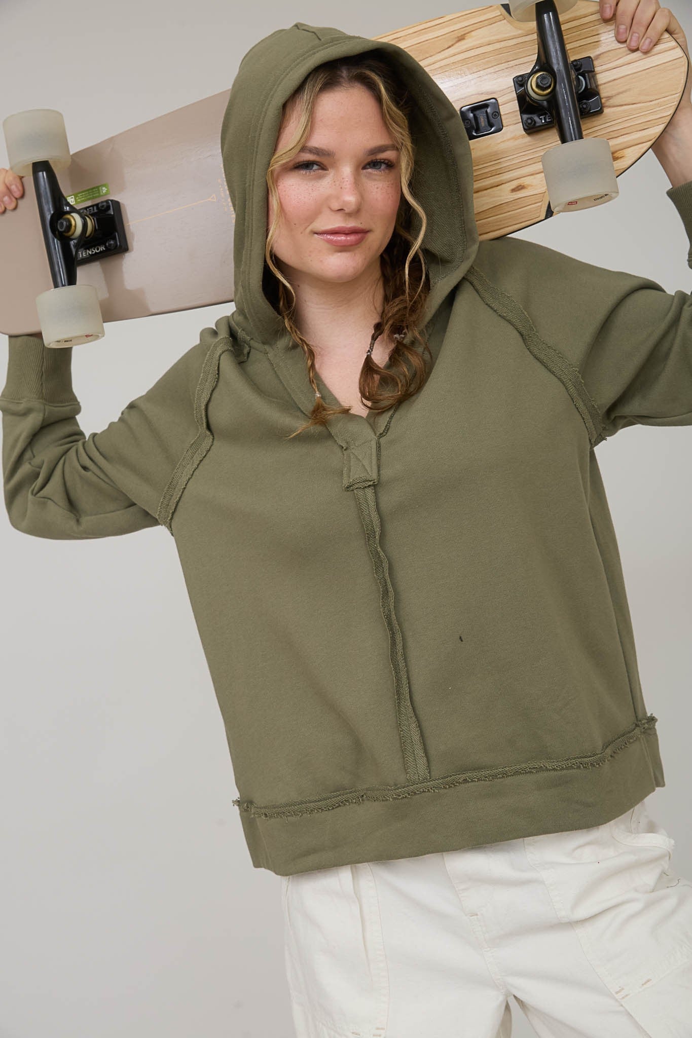 Light Olive Raw Edge Hoodie - Modern Creek Boutique