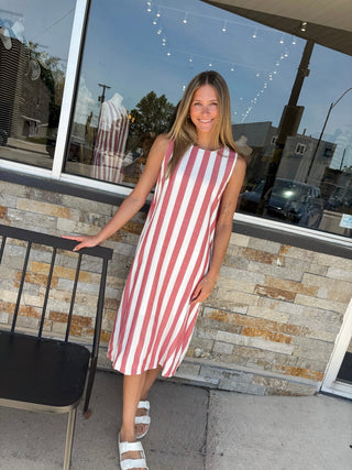 Light Red Woven Stripe Midi Dress - Modern Creek Boutique