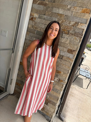 Light Red Woven Stripe Midi Dress - Modern Creek Boutique