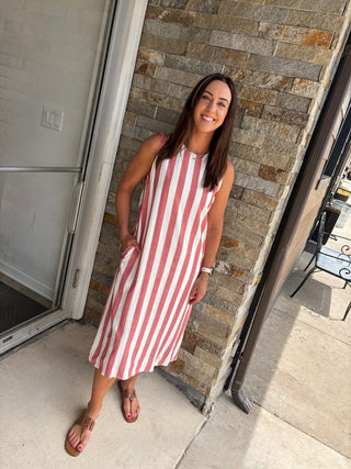 Light Red Woven Stripe Midi Dress - Modern Creek Boutique