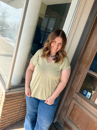 Light Sage V Neck Jersey Tee - Modern Creek Boutique