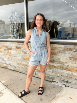 Light Wash Button Up Denim Romper - Modern Creek Boutique