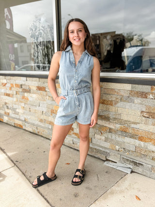 Light Wash Button Up Denim Romper - Modern Creek Boutique