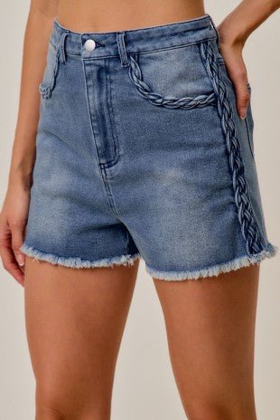 Medium Wash Denim Braided Seam Shorts - Modern Creek Boutique