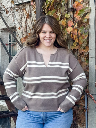 Mocha Notch Neck Striped Sweater - Modern Creek Boutique