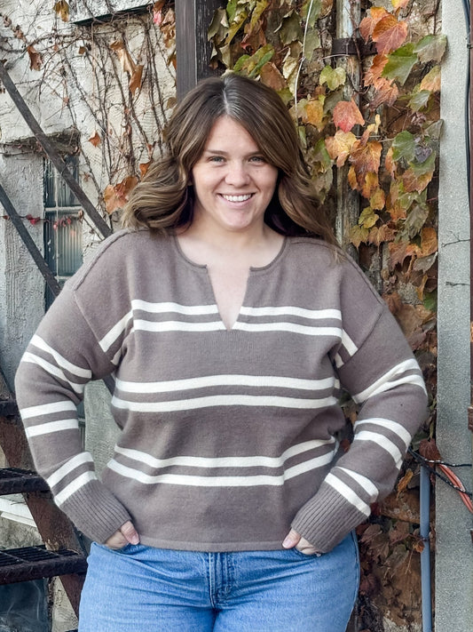 Mocha Notch Neck Striped Sweater - Modern Creek Boutique