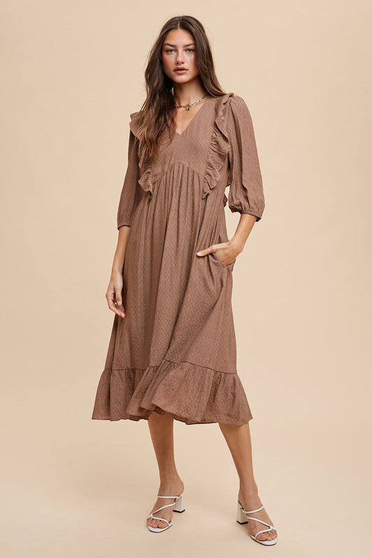 Mocha Ruffle Woven Midi Dress - Modern Creek Boutique