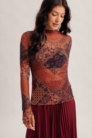 Mosaic Print Mock Neck Mesh Top - Modern Creek Boutique