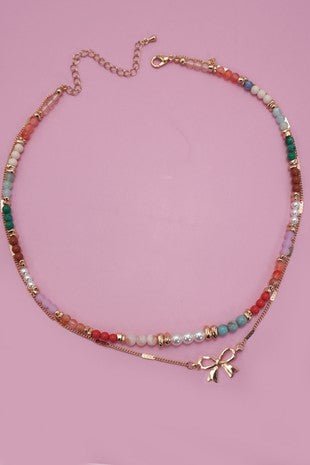 Multi Bead Bow Charm Double Necklace - Modern Creek Boutique