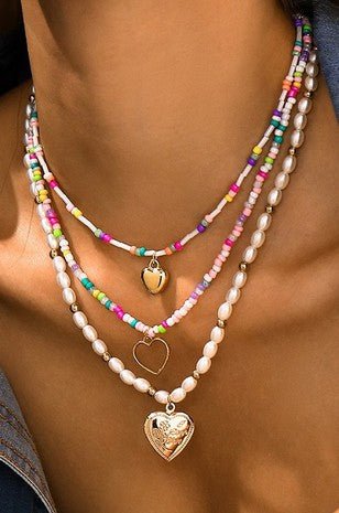Multi Layer Beaded Chain Heart Necklace Set - Modern Creek Boutique