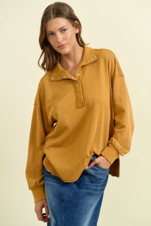 Mustard Funnel Neck Button Sweatshirt - Modern Creek Boutique