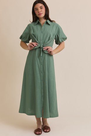 Muted Sage Puff Sleeve Midi Dress - Modern Creek Boutique