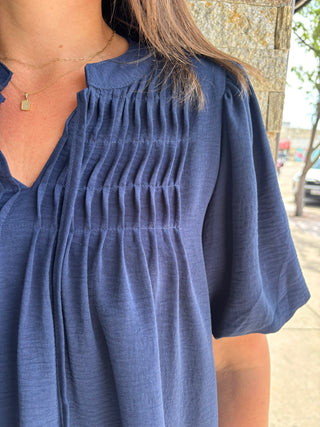 Navy Puff Sleeve Pintuck Blouse - Modern Creek Boutique