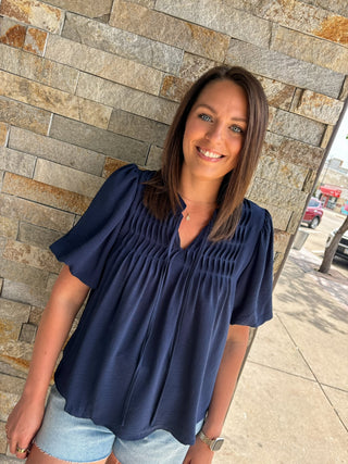Navy Puff Sleeve Pintuck Blouse - Modern Creek Boutique