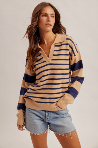 Navy Tan Mixed Stripe Collared Sweater - Modern Creek Boutique