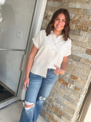 Neutral Striped Short Sleeve Blouse - Modern Creek Boutique