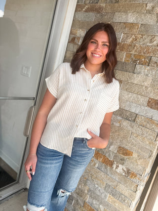 Neutral Striped Short Sleeve Blouse - Modern Creek Boutique
