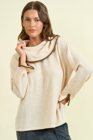 Oat Cowl Neck Blanket Stitch Sweater - Modern Creek Boutique