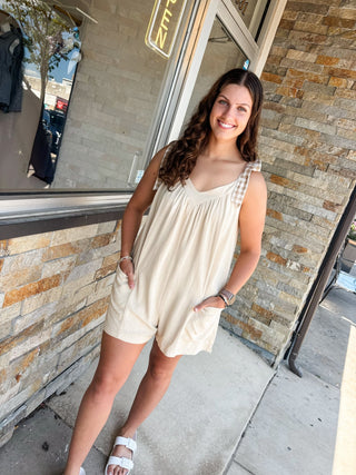 Oatmeal Gingham Strapped Linen Romper - Modern Creek Boutique