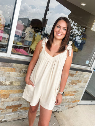 Oatmeal Gingham Strapped Linen Romper - Modern Creek Boutique