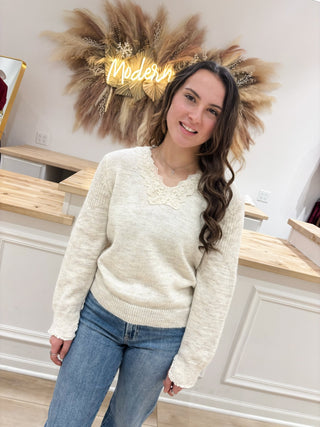 Oatmeal Lace Trim Sweater - Modern Creek Boutique