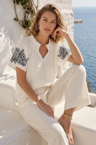 Off White Flutter Embroidered Sleeve Blouse - Modern Creek Boutique