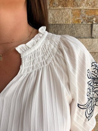 Off White Flutter Embroidered Sleeve Blouse - Modern Creek Boutique