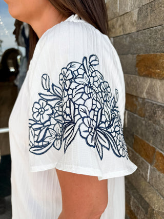 Off White Flutter Embroidered Sleeve Blouse - Modern Creek Boutique