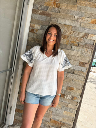 Off White Flutter Embroidered Sleeve Blouse - Modern Creek Boutique