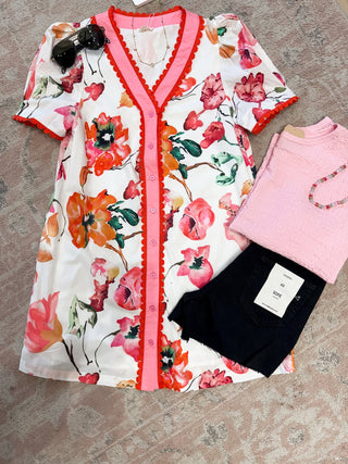 Off White Scallop Floral Shift Dress - Modern Creek Boutique