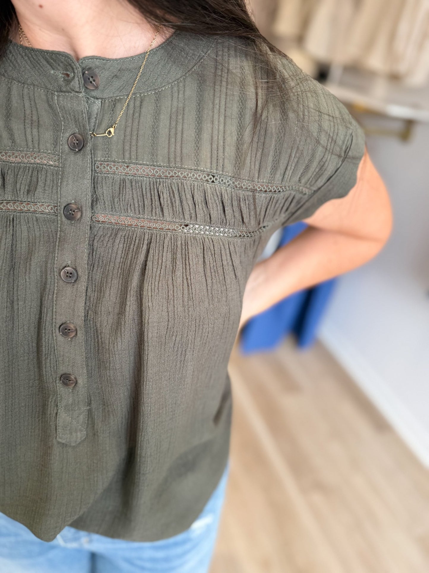 Olive Eyelet Trim Blouse - Modern Creek Boutique