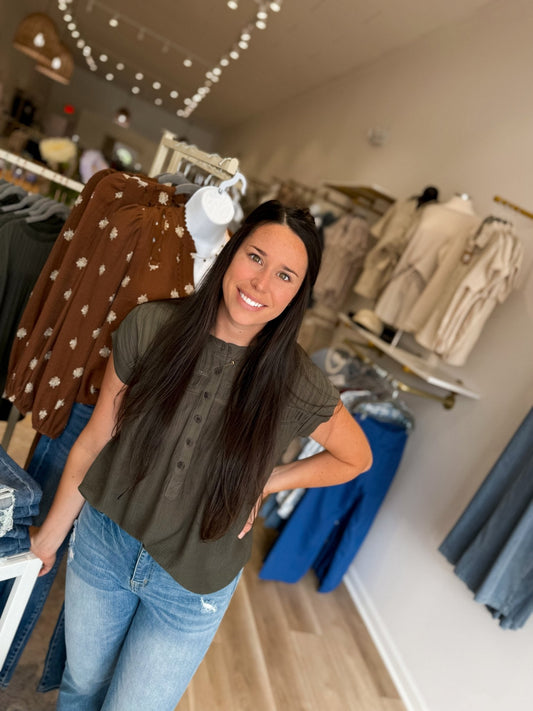Olive Eyelet Trim Blouse - Modern Creek Boutique