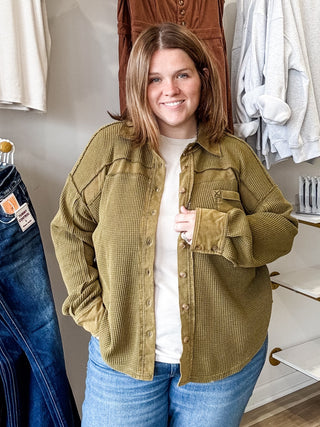 Olive Thermal Contrast Button UP - Modern Creek Boutique