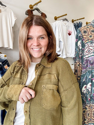 Olive Thermal Contrast Button UP - Modern Creek Boutique