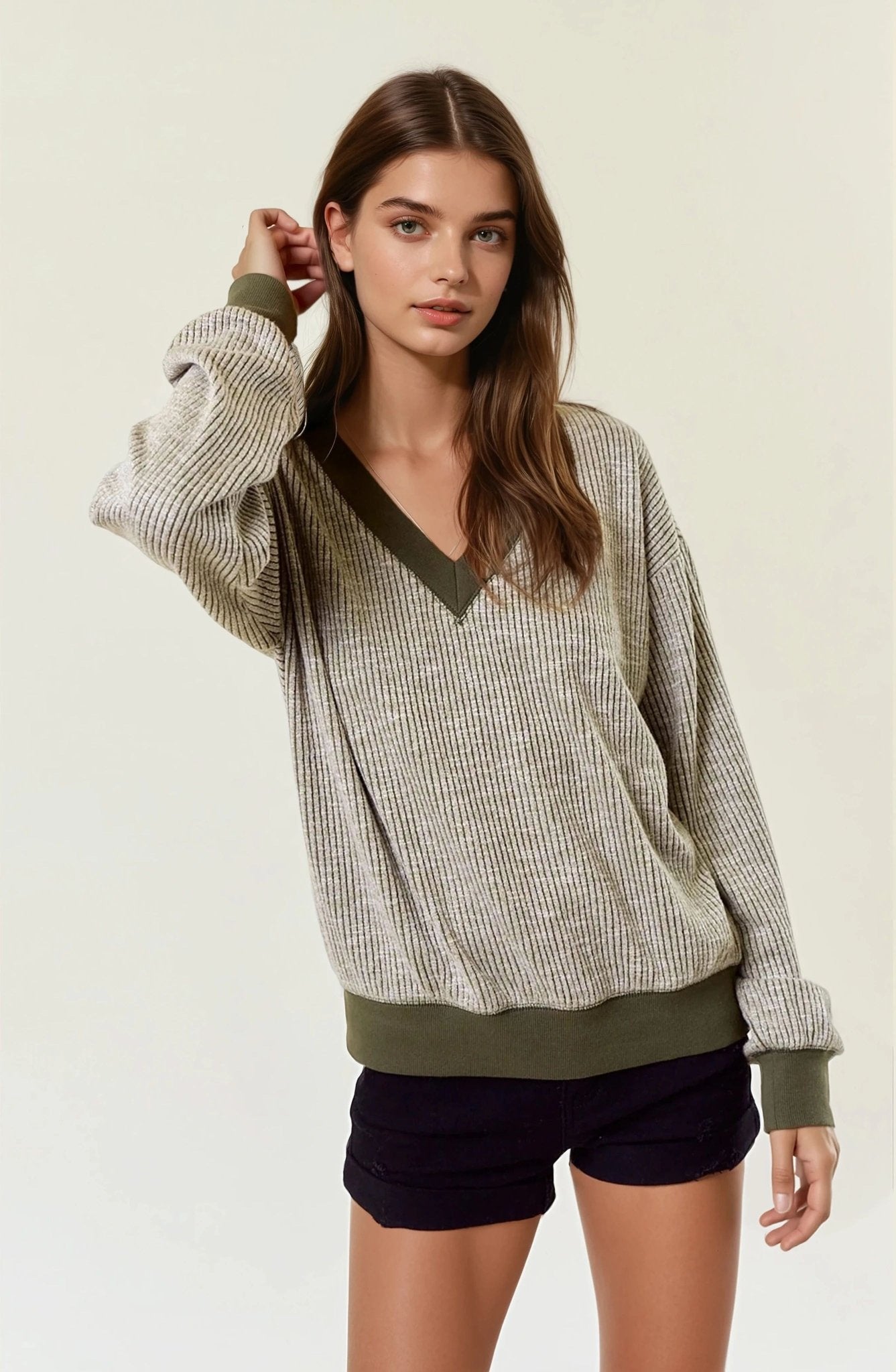 Olive Vertical Stripe Two Tone Sweater - Modern Creek Boutique