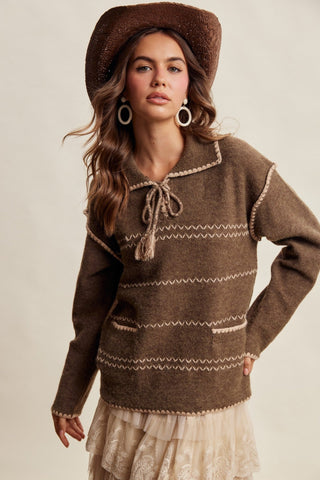 Olive Whipstitch Collared Sweater - Modern Creek Boutique