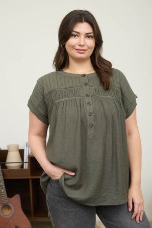 Plus Olive Eyelet Trim Blouse - Modern Creek Boutique