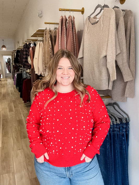 Pretty In Pearls Red Sweater - Modern Creek Boutique